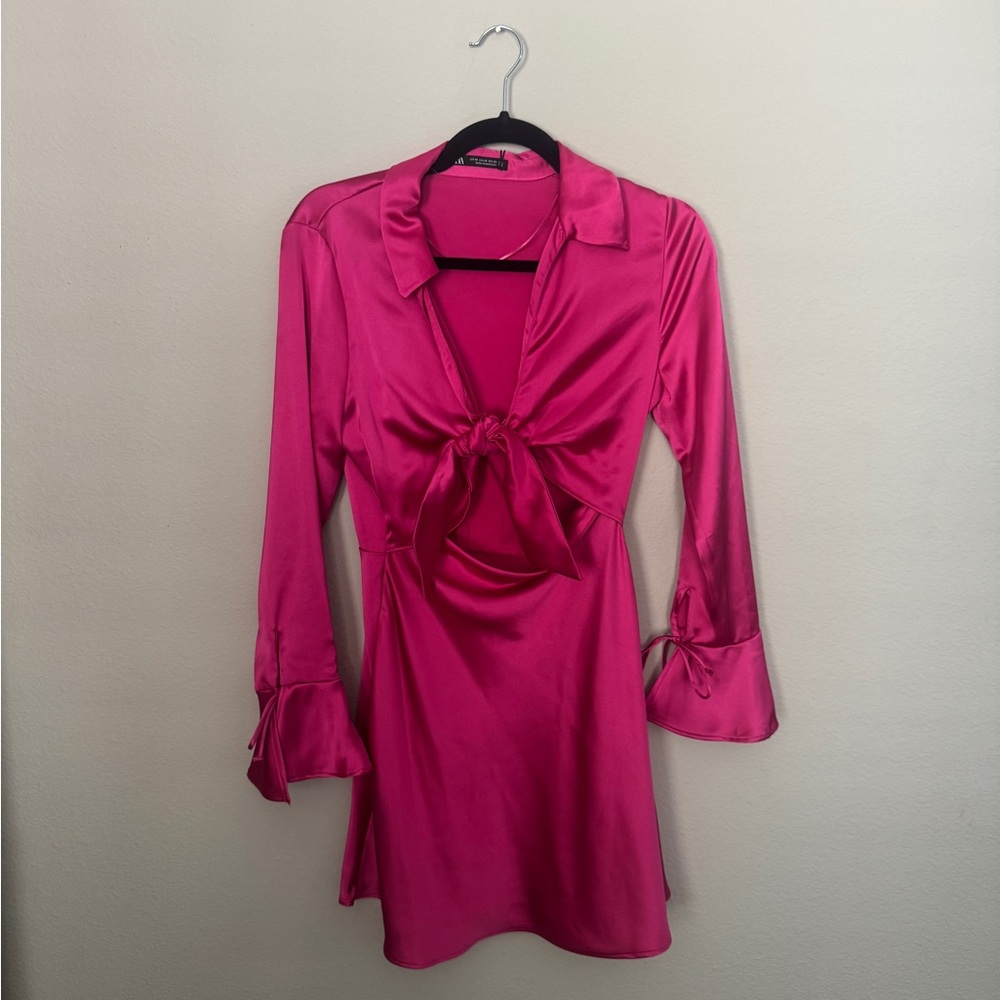 Zara NWT Vibrant Pink Satin Tie-Front Dress